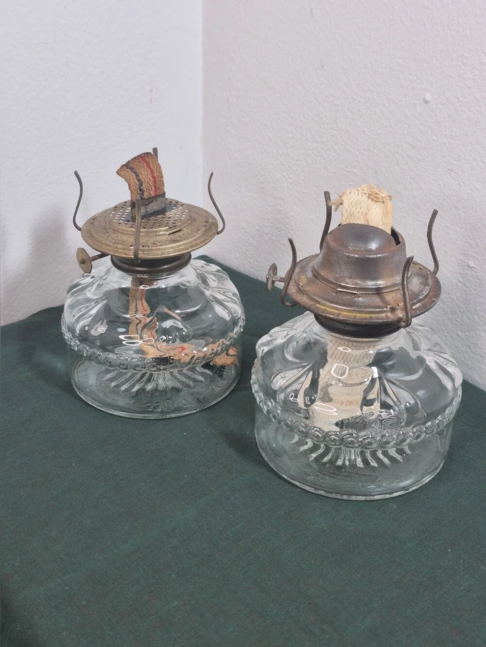 Pair of Vintage Glass Eagle Oil Lamps with Wicks